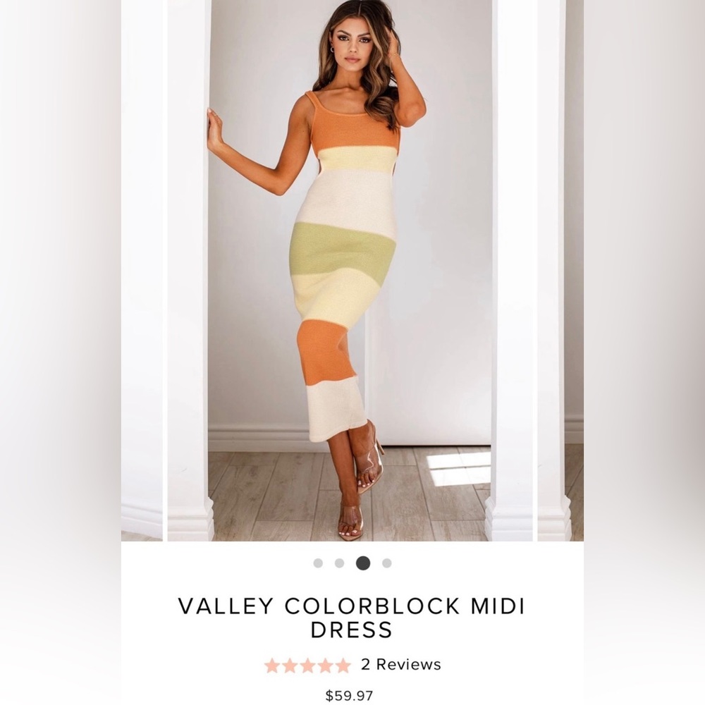 Knit color block midi dress, open back, new with tags: orange, cream, green